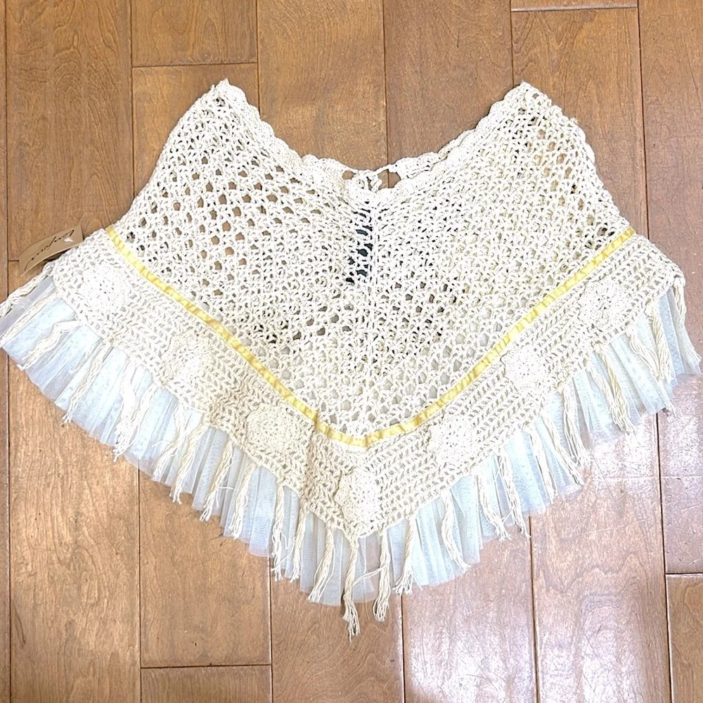 🆕🧶 Boho Floral Crochet Poncho Shawl 97% Cotton NWT